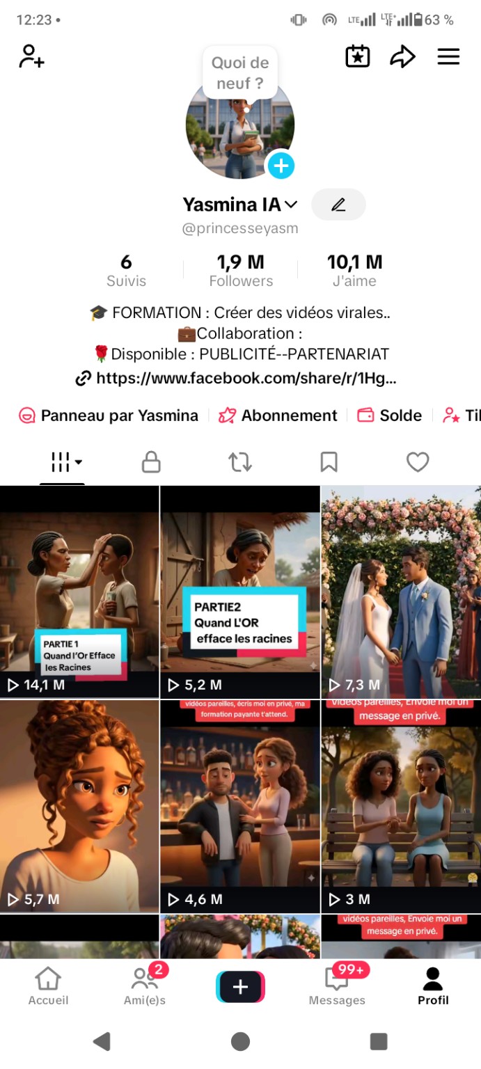 Profil TikTok affichant 1,9 million de followers et plusieurs vidéos à plusieurs millions de vues
